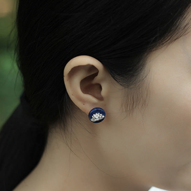 Nimara Ritual Lazurite 925 Sterling Silver Lotus Pattern Enlightenment Earrings