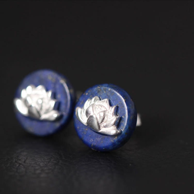 Nimara Ritual Lazurite 925 Sterling Silver Lotus Pattern Enlightenment Earrings