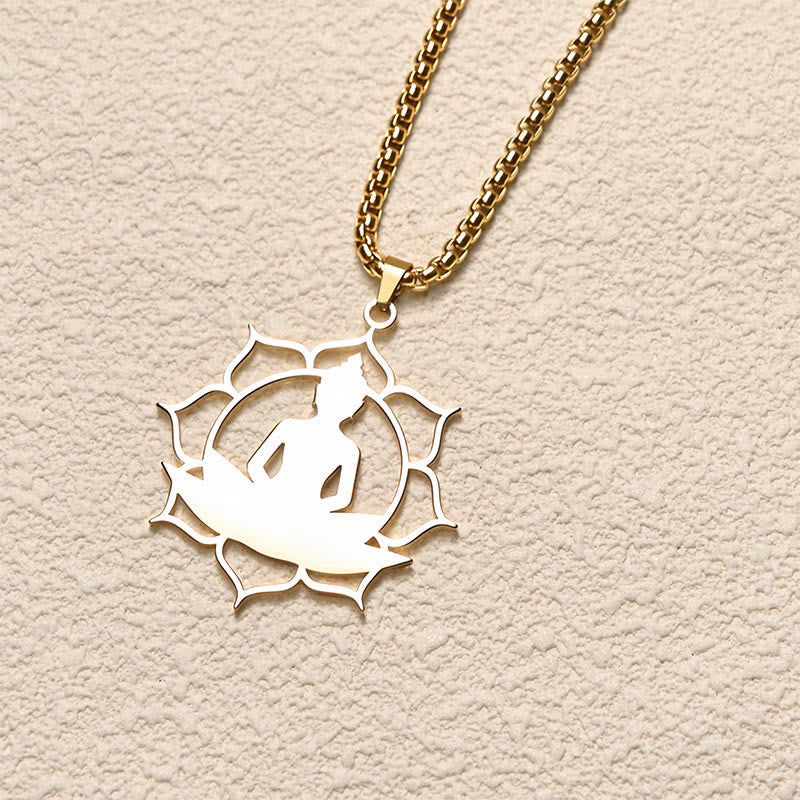 Nimara Ritual Vintage Lotus Sitting Buddha Design Stainless Steel Enlightenment Necklace Pendant