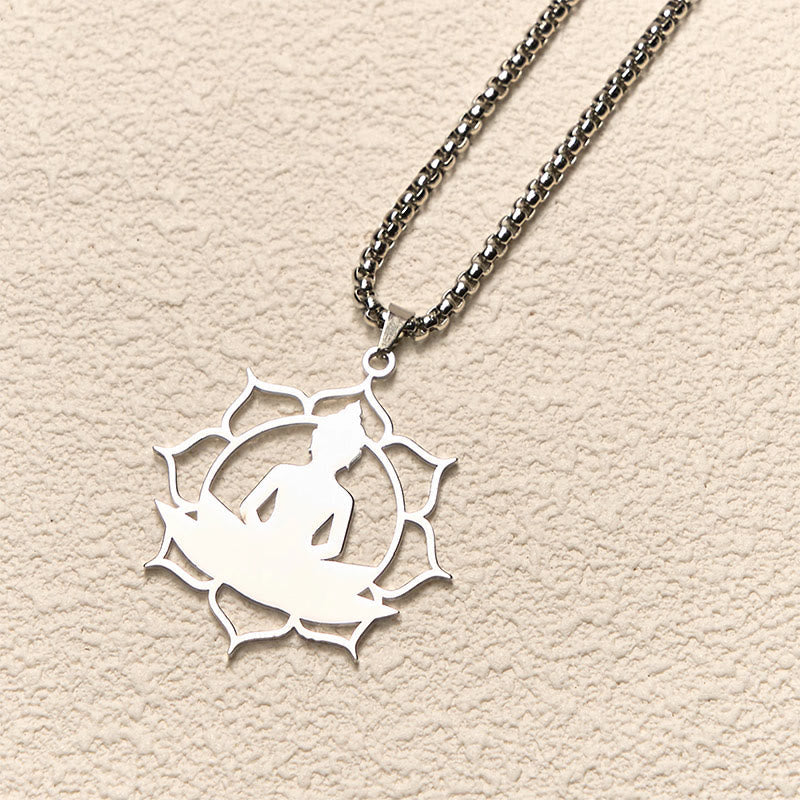 Nimara Ritual Vintage Lotus Sitting Buddha Design Stainless Steel Enlightenment Necklace Pendant