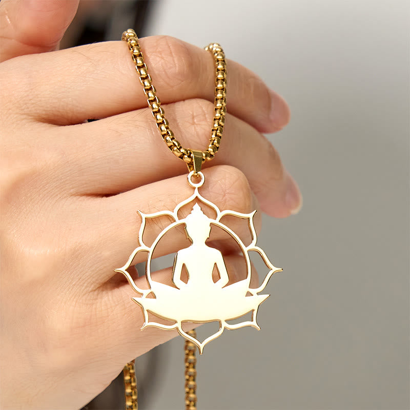 Nimara Ritual Vintage Lotus Sitting Buddha Design Stainless Steel Enlightenment Necklace Pendant