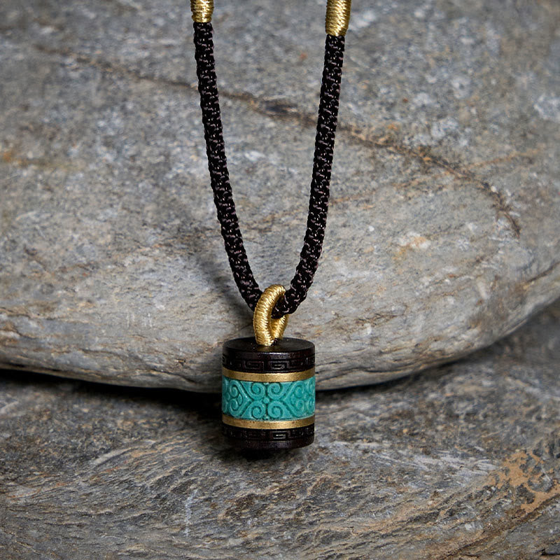 Nimara Ritual Ebony Wood Turquoise Cylinder Peace Necklace Pendant