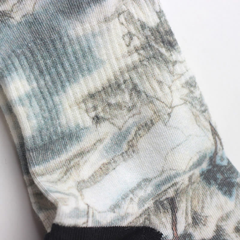 Nimara Ritual Chinese Ink Painting Landscape Pattern Micro Crew Three Pairs Men Women Unisex Socks