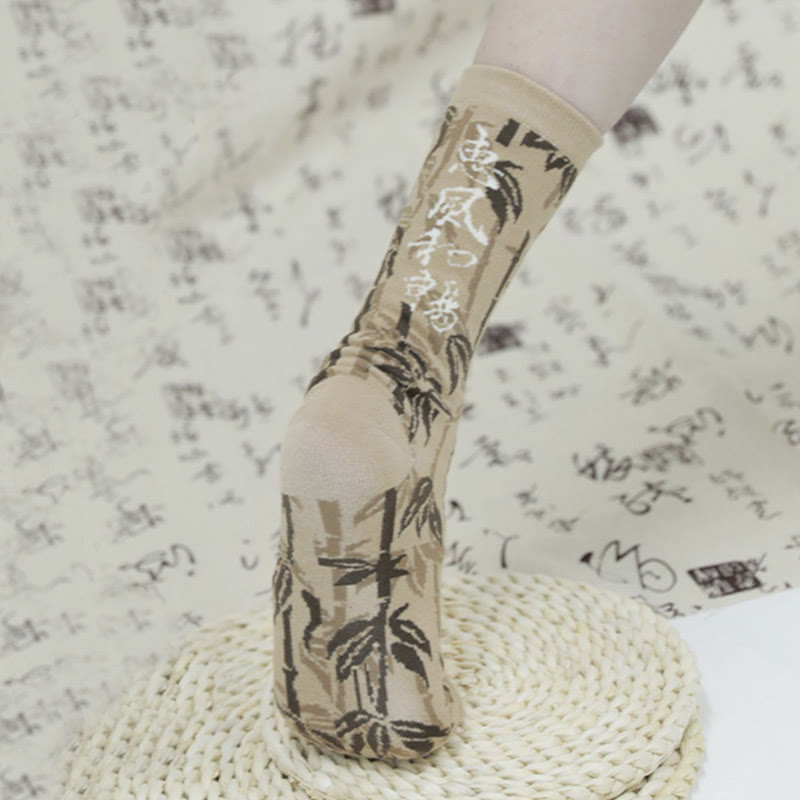 Nimara Ritual Chinese Calligraphy Floral Design Micro Crew Women Cotton Socks