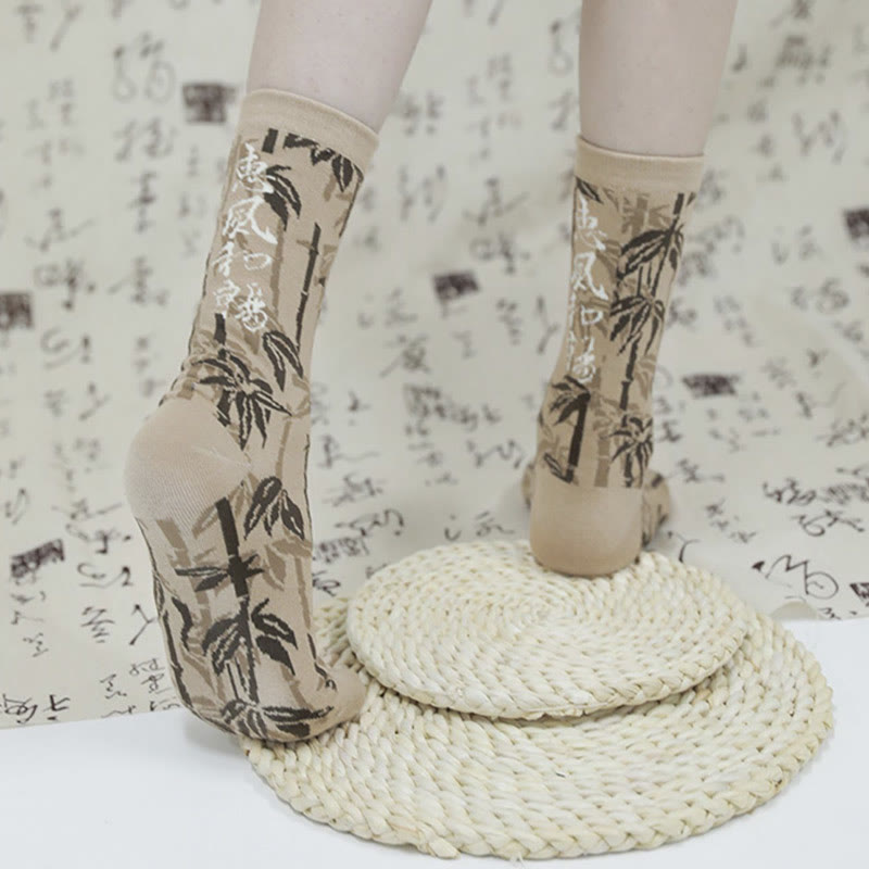 Nimara Ritual Chinese Calligraphy Floral Design Micro Crew Women Cotton Socks