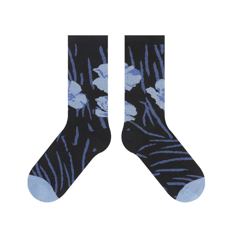 Nimara Ritual Chinese Calligraphy Floral Design Micro Crew Women Cotton Socks