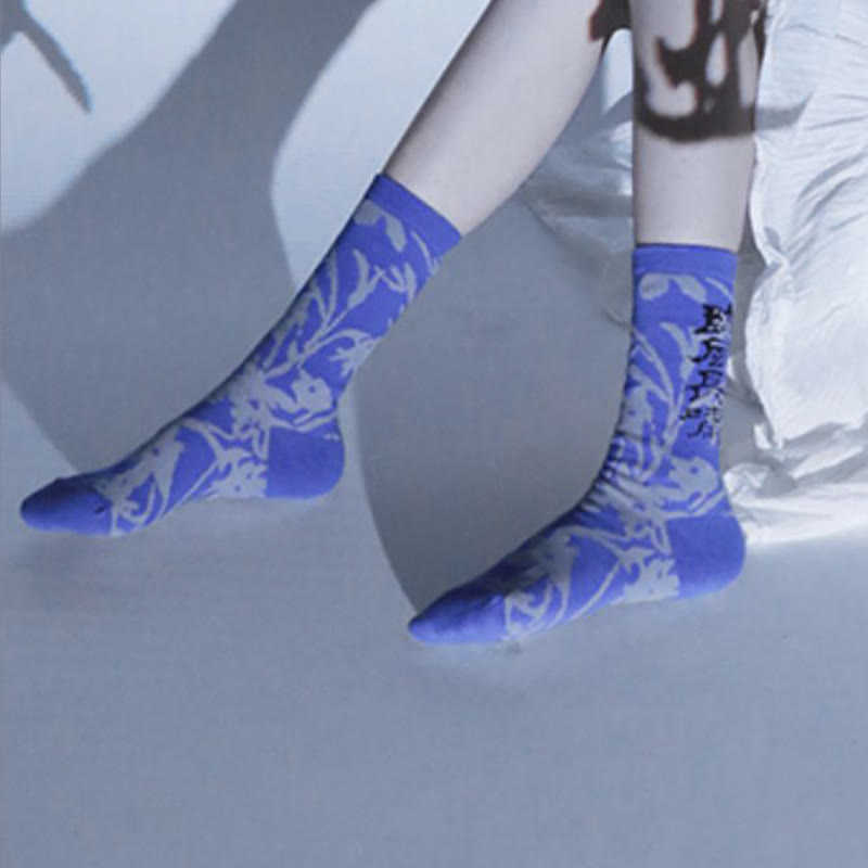 Nimara Ritual Chinese Calligraphy Floral Design Micro Crew Women Cotton Socks