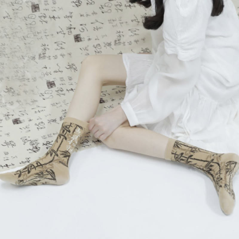 Nimara Ritual Chinese Calligraphy Floral Design Micro Crew Women Cotton Socks