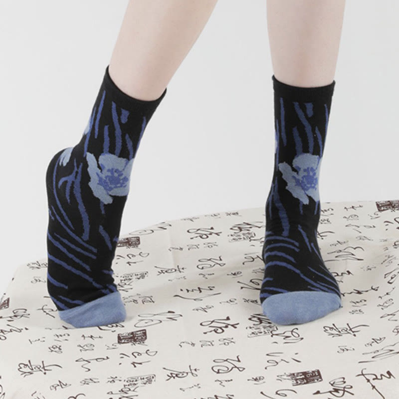 Nimara Ritual Chinese Calligraphy Floral Design Micro Crew Women Cotton Socks
