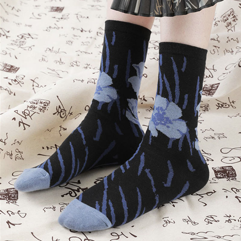 Nimara Ritual Chinese Calligraphy Floral Design Micro Crew Women Cotton Socks