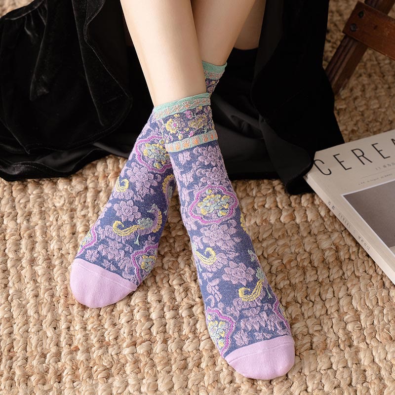 Nimara Ritual Retro Embossed Floral Pattern Micro Crew Women Cotton Socks