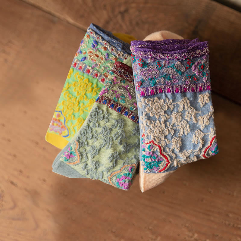 Nimara Ritual Retro Embossed Floral Pattern Micro Crew Women Cotton Socks