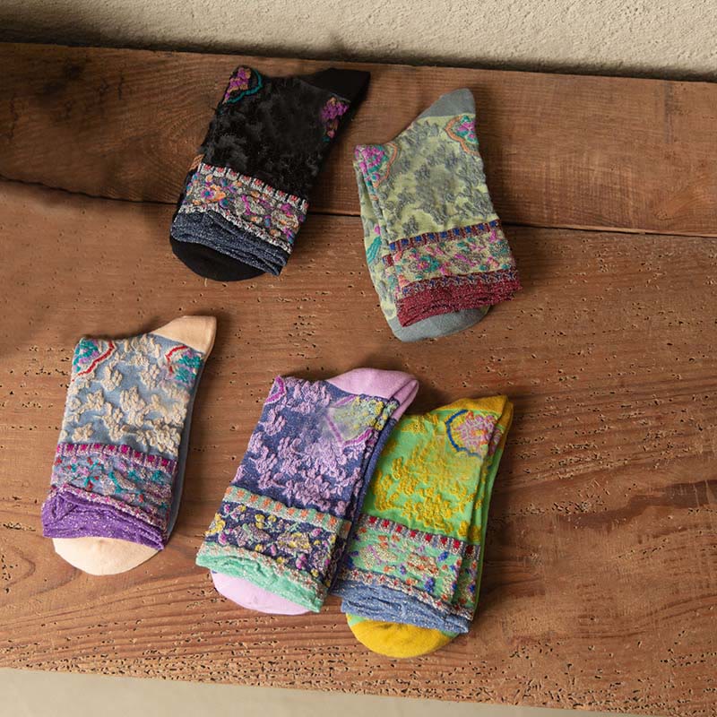Nimara Ritual Retro Embossed Floral Pattern Micro Crew Women Cotton Socks