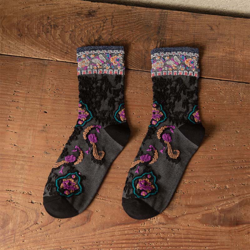 Nimara Ritual Retro Embossed Floral Pattern Micro Crew Women Cotton Socks