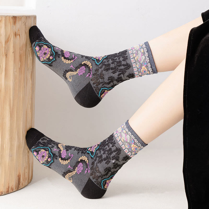Nimara Ritual Retro Embossed Floral Pattern Micro Crew Women Cotton Socks