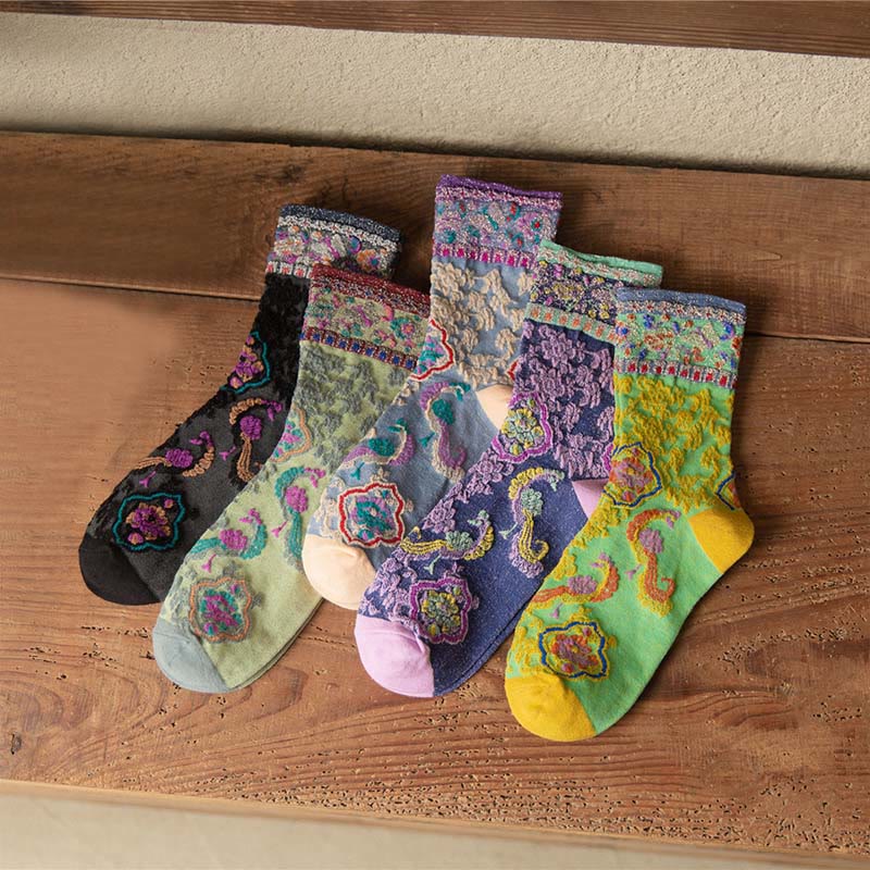Nimara Ritual Retro Embossed Floral Pattern Micro Crew Women Cotton Socks