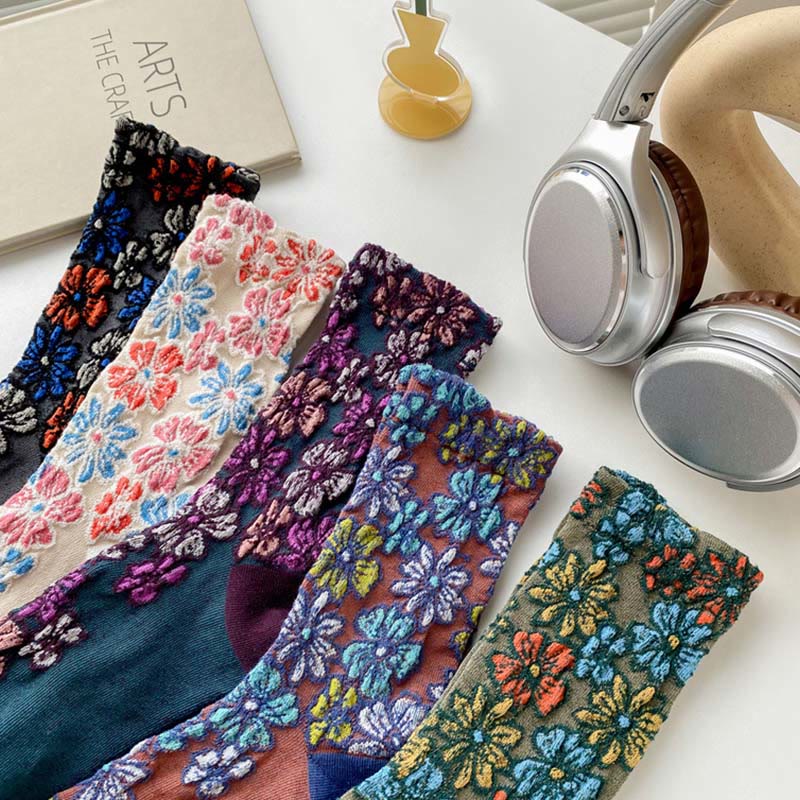 Nimara Ritual Ethnic Textured Floral Contrasting Color Design Women's Micro Crew Cotton Socks