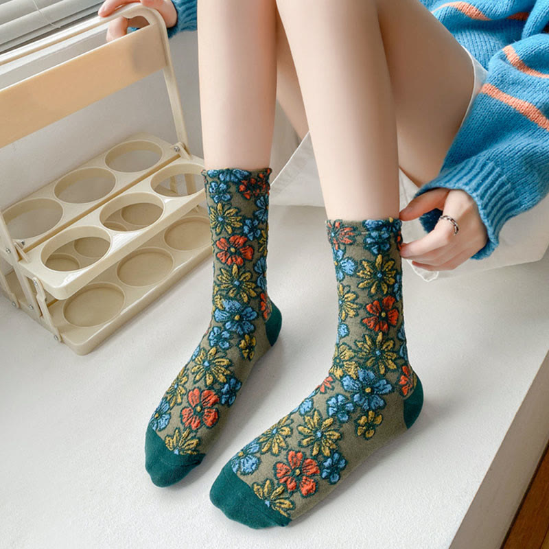 Nimara Ritual Ethnic Textured Floral Contrasting Color Design Women's Micro Crew Cotton Socks