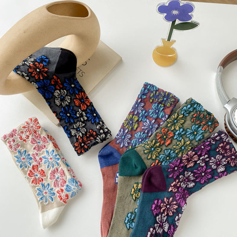 Nimara Ritual Ethnic Textured Floral Contrasting Color Design Women's Micro Crew Cotton Socks