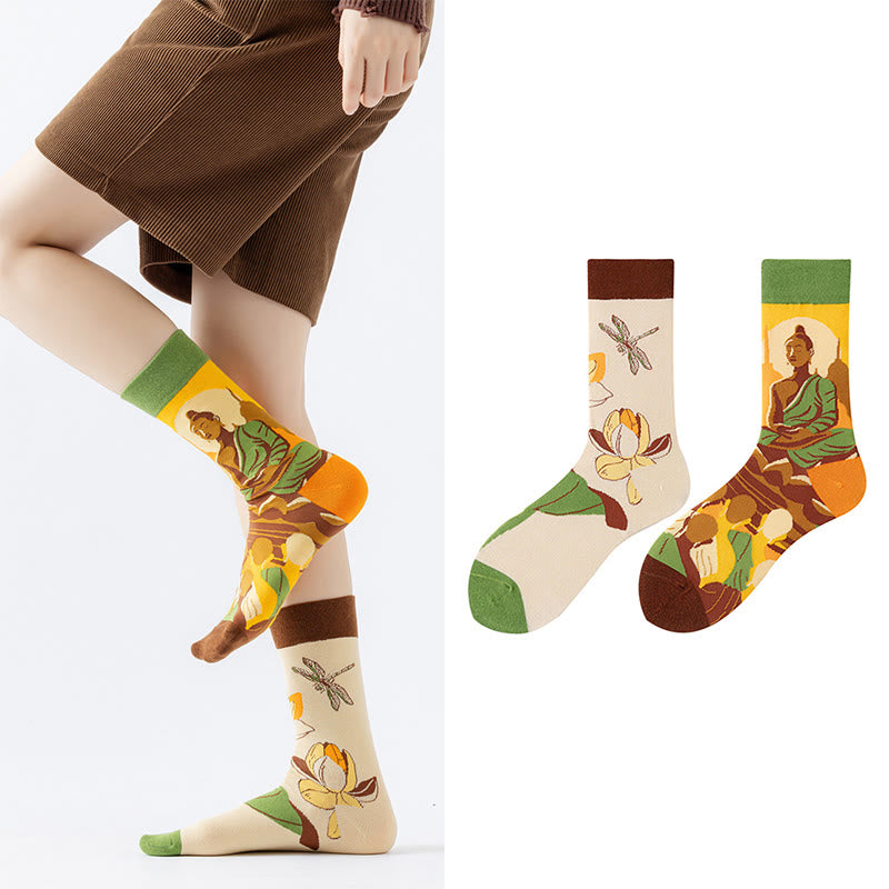 Nimara Ritual "Be Here Now" Casual Buddha Lotus Dragonfly Women's Socks Includes Gift Message Card