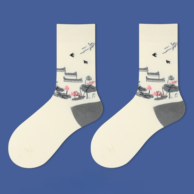Nimara Ritual Casual Sailboat Ancient Town Lotus Orchid Countryside Micro Crew Women's Socks