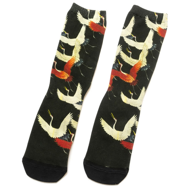 Nimara Ritual Casual White Red Cranes Micro Crew Men Women Unisex Socks