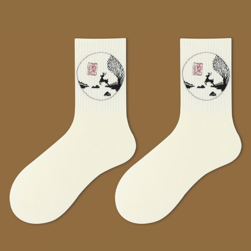 Nimara Ritual Casual Lotus Pavilion Deer Peaceful Character Swallows Micro Crew Women's Socks