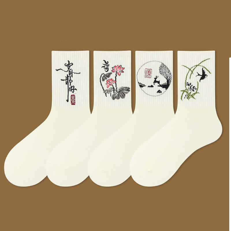 Nimara Ritual Casual Lotus Pavilion Deer Peaceful Character Swallows Micro Crew Women's Socks