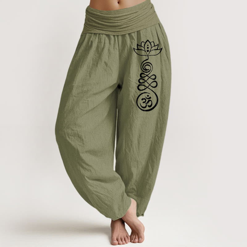 Nimara Ritual Plain Lotus Om Pattern Women's Elastic Waist Harem Cotton Pants
