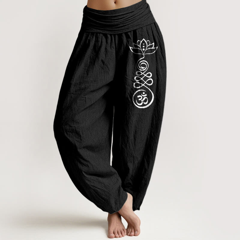 Nimara Ritual Plain Lotus Om Pattern Women's Elastic Waist Harem Cotton Pants