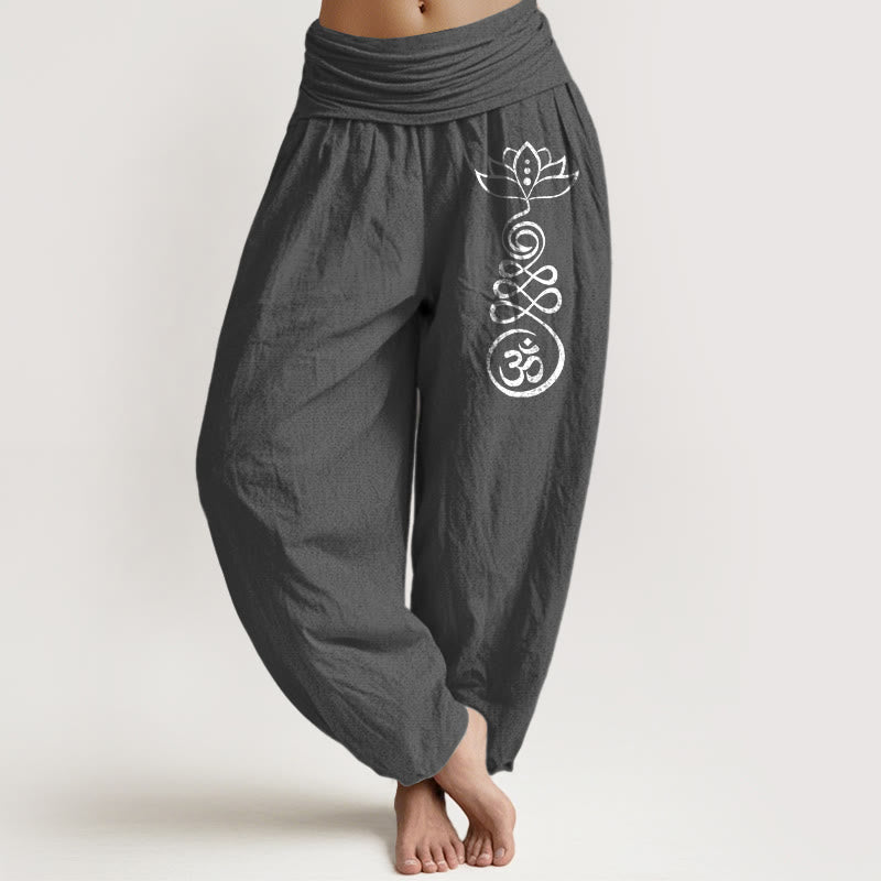 Nimara Ritual Plain Lotus Om Pattern Women's Elastic Waist Harem Cotton Pants