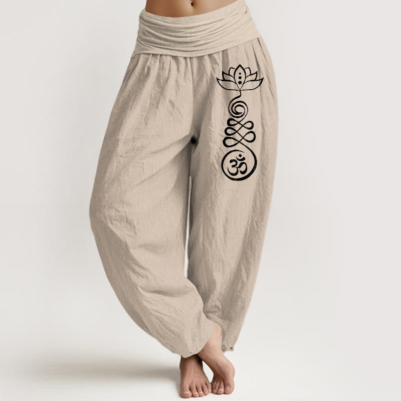 Nimara Ritual Plain Lotus Om Pattern Women's Elastic Waist Harem Cotton Pants