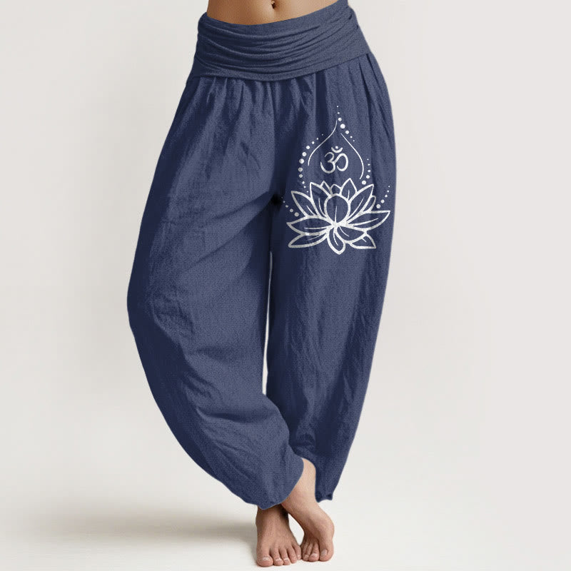 Nimara Ritual Blooming Lotus Om Symbol Pattern Women's Elastic Waist Harem Cotton Pants