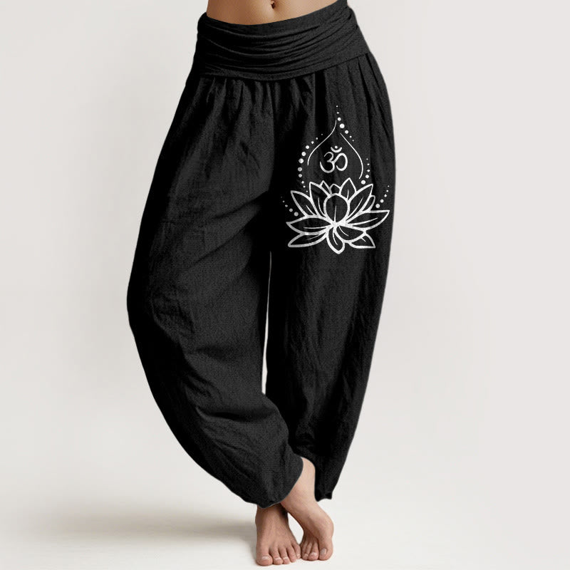 Nimara Ritual Blooming Lotus Om Symbol Pattern Women's Elastic Waist Harem Cotton Pants