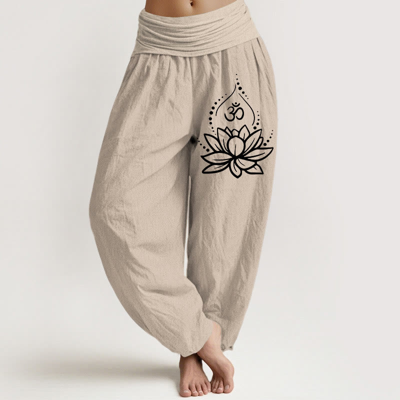 Nimara Ritual Blooming Lotus Om Symbol Pattern Women's Elastic Waist Harem Cotton Pants