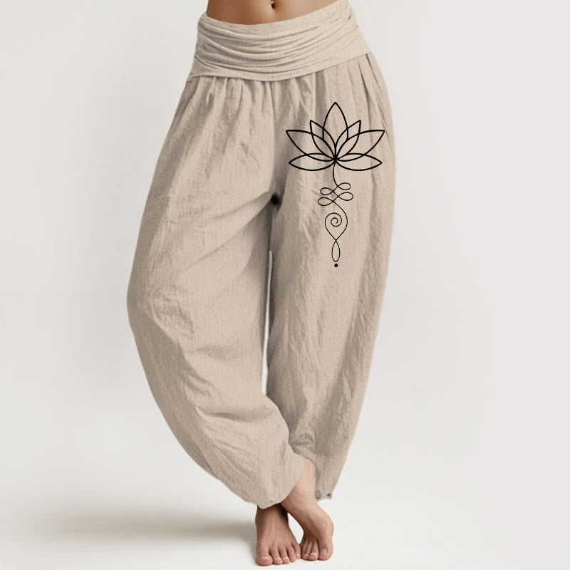 Nimara Ritual Lotus Unalome Symbol Pattern Women's Elastic Waist Harem Pure Cotton Pants