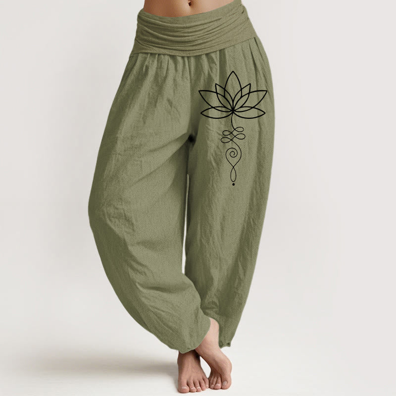 Nimara Ritual Lotus Unalome Symbol Pattern Women's Elastic Waist Harem Pure Cotton Pants