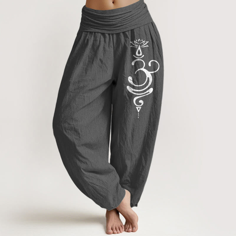 Nimara Ritual Lotus Flower Unalome Symbol Pattern Pure Cotton Women's Elastic Waist Harem Pants