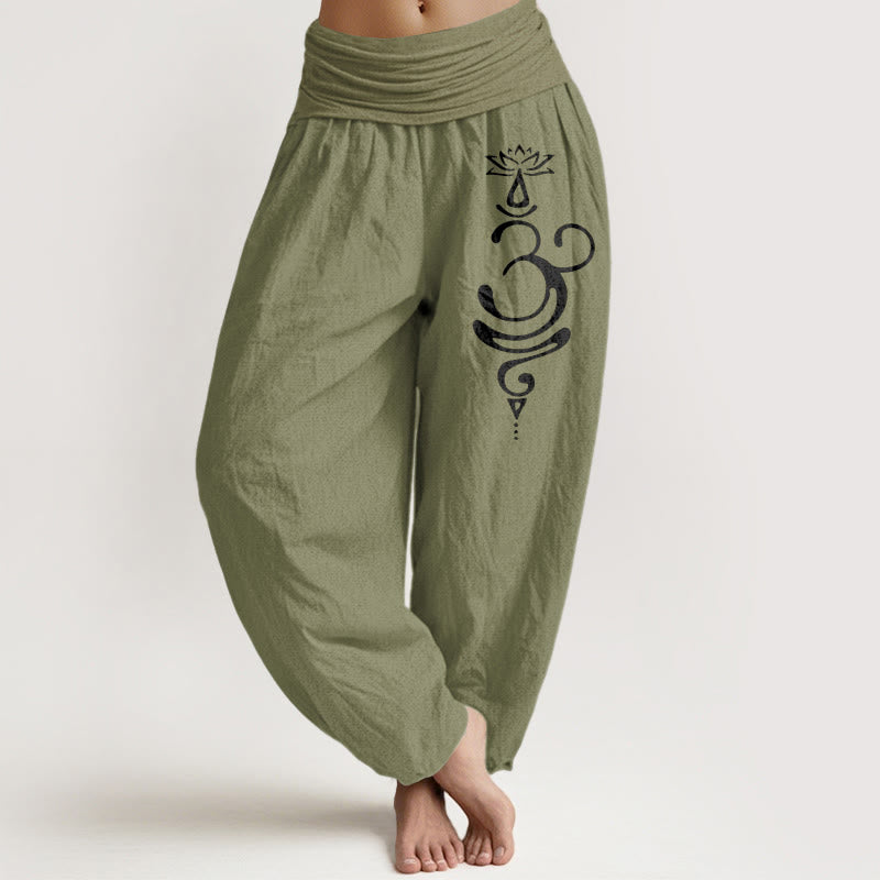 Nimara Ritual Lotus Flower Unalome Symbol Pattern Pure Cotton Women's Elastic Waist Harem Pants