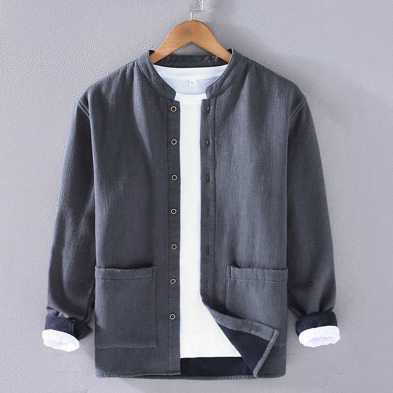 Nimara Ritual Men's Stnad Collar Long Sleeve Thermal Fleece-lined Ramie Cotton Jacket With Pockets