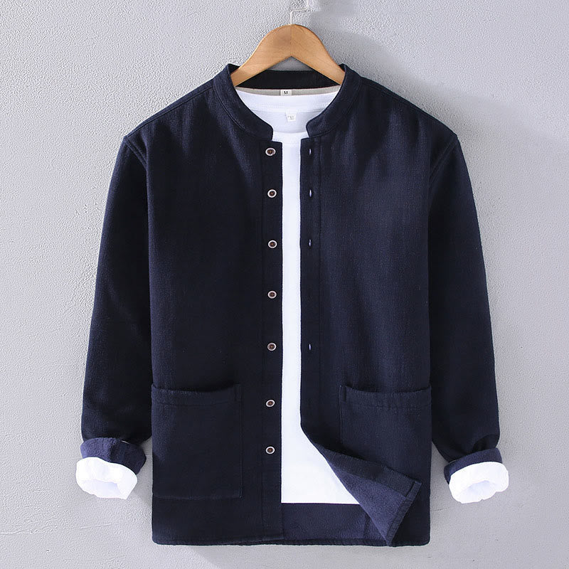 Nimara Ritual Men's Stnad Collar Long Sleeve Thermal Fleece-lined Ramie Cotton Jacket With Pockets
