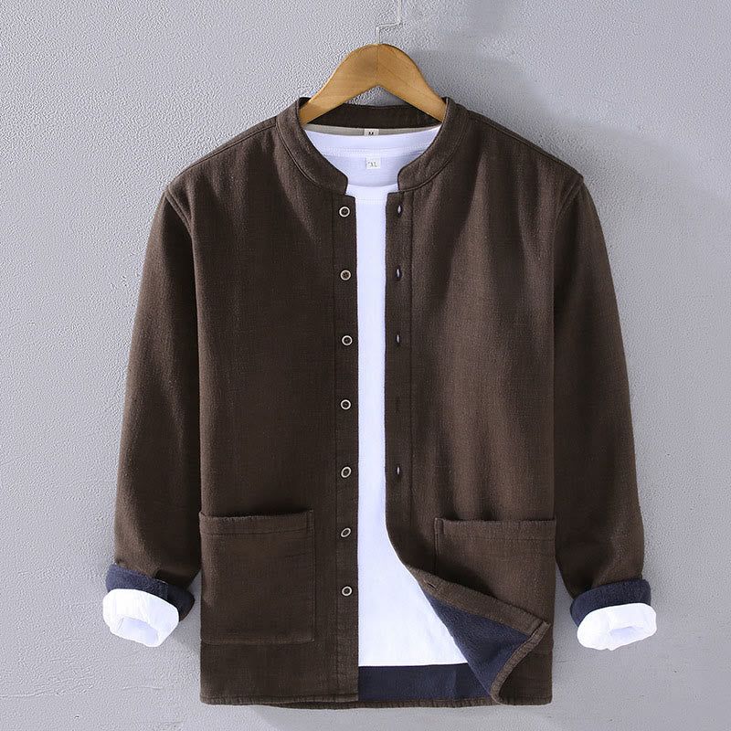 Nimara Ritual Men's Stnad Collar Long Sleeve Thermal Fleece-lined Ramie Cotton Jacket With Pockets