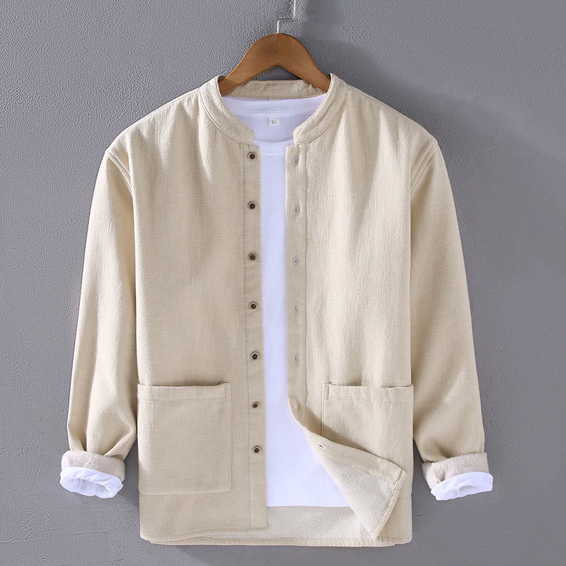 Nimara Ritual Men's Stnad Collar Long Sleeve Thermal Fleece-lined Ramie Cotton Jacket With Pockets