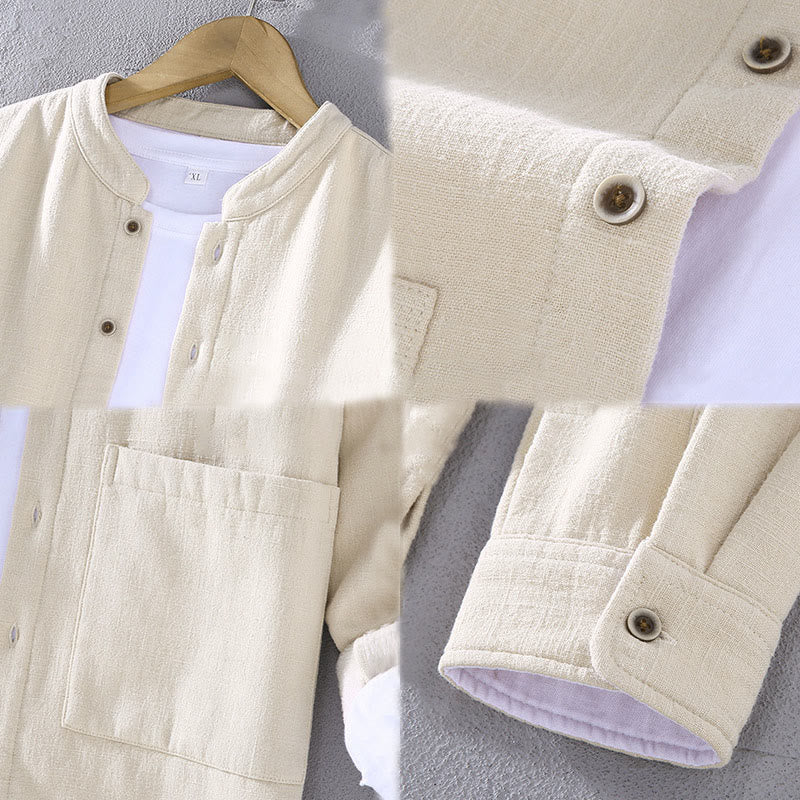 Nimara Ritual Men's Stnad Collar Long Sleeve Thermal Fleece-lined Ramie Cotton Jacket With Pockets