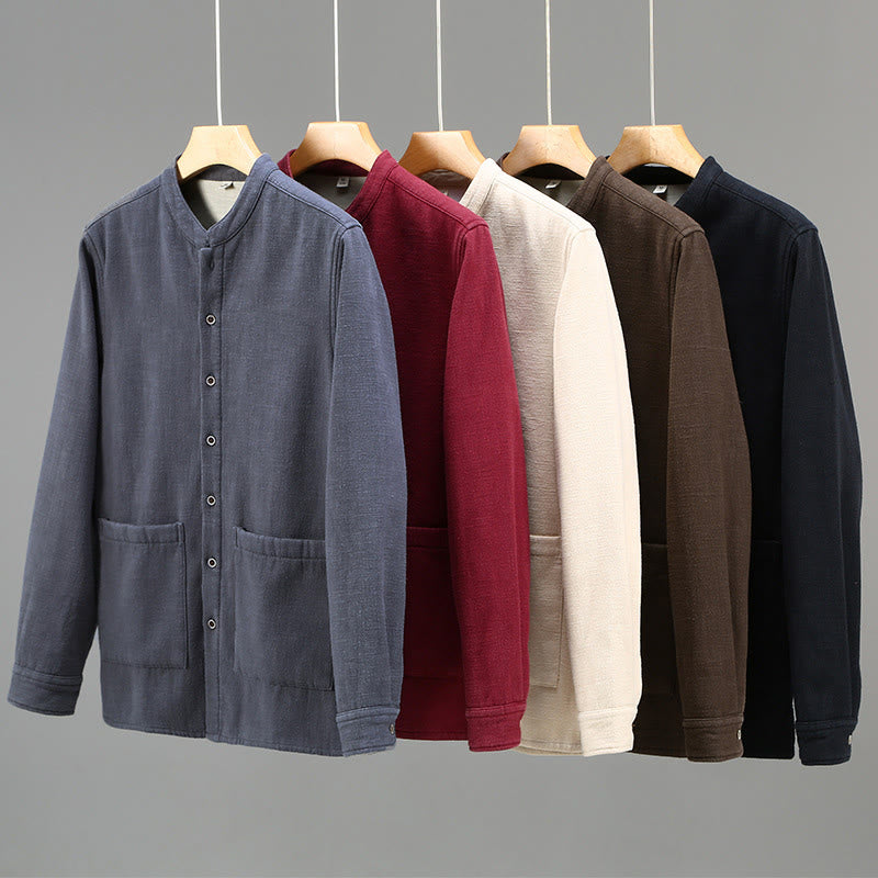 Nimara Ritual Men's Stnad Collar Long Sleeve Thermal Fleece-lined Ramie Cotton Jacket With Pockets