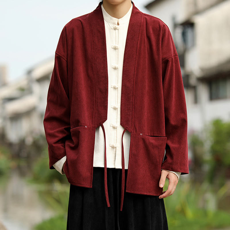 Nimara Ritual Solid Color Open Front Long Sleeve Jacket Men's Cotton Corduroy Kimono With Pockets