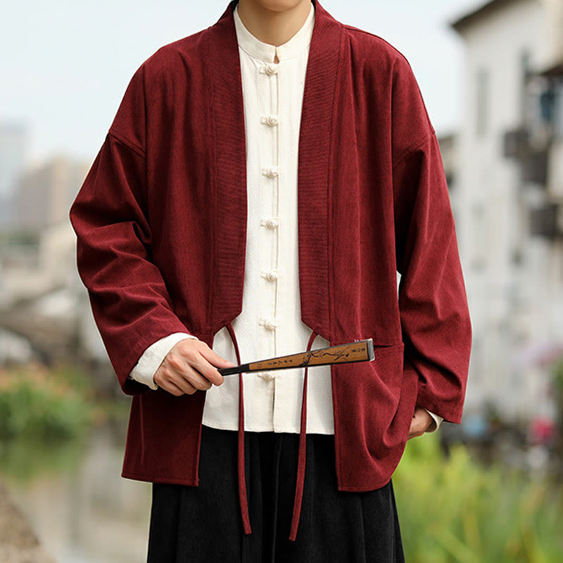 Nimara Ritual Solid Color Open Front Long Sleeve Jacket Men's Cotton Corduroy Kimono With Pockets