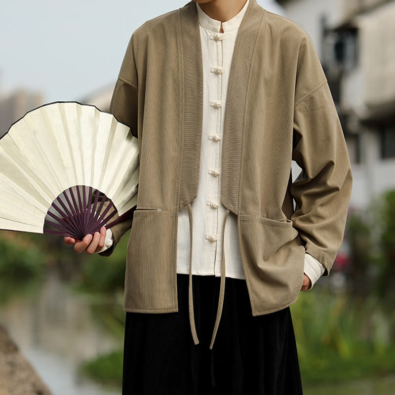 Nimara Ritual Solid Color Open Front Long Sleeve Jacket Men's Cotton Corduroy Kimono With Pockets