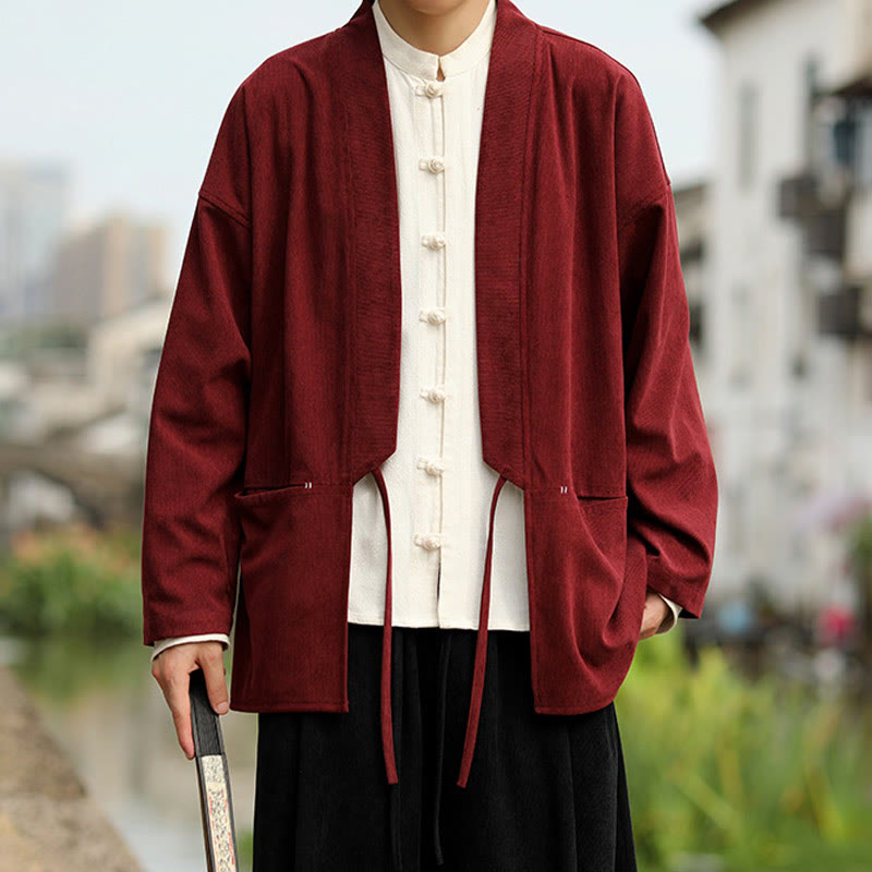 Nimara Ritual Solid Color Open Front Long Sleeve Jacket Men's Cotton Corduroy Kimono With Pockets