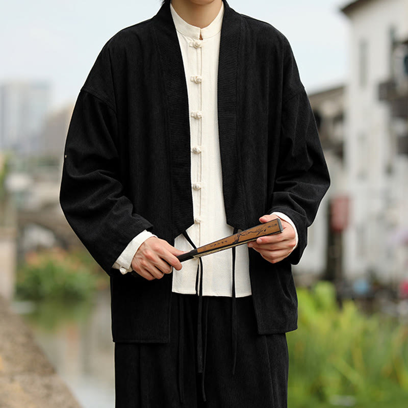 Nimara Ritual Solid Color Open Front Long Sleeve Jacket Men's Cotton Corduroy Kimono With Pockets